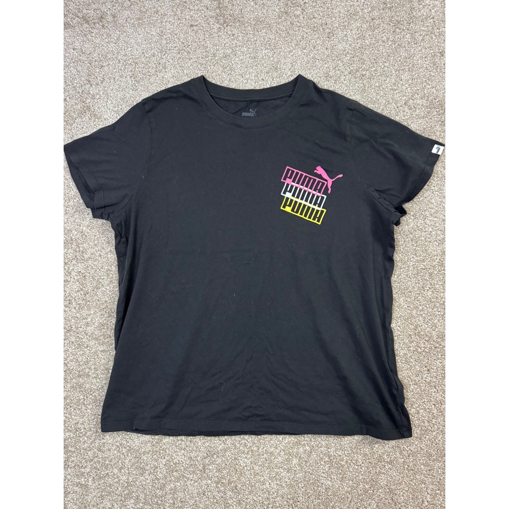 Puma Womens Black Graphic Tee Short Sleeve Pink Yellow Logo T-Shirt XS